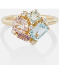 Suzanne Kalan Ring Blossom aus 14kt Gelbgold mit Diamanten, Topas, Peridot und Amethyst - Weiß