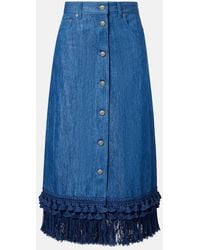 Valentino - Fringed Denim Midi Skirt - Lyst