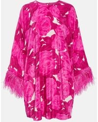 Valentino - Floral Feather-Trimmed Silk Minidress - Lyst