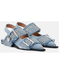 Ganni - Faded Denim Slingback Ballet Flat Shoe With Buckles - Lyst