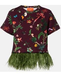 La DoubleJ - La Scala Feather-Trimmed Printed Cotton T-Shirt - Lyst