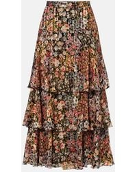 Valentino - Floral Plisse Tiered Silk Midi Skirt - Lyst