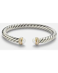 David Yurman - Cable Flex Sterling And 14Kt Cuff Bracelet With Diamonds And Pearls - Lyst