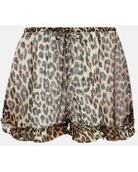 Ganni - Leopard-Print Ruffled Chiffon Shorts - Lyst