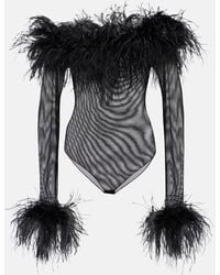 Oséree - Feather-Trimmed Mesh Bodysuit - Lyst
