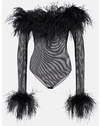 Oséree - Feather-trimmed Mesh Bodysuit - Lyst