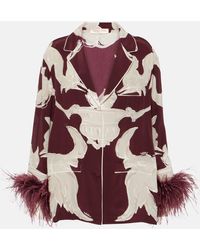 Valentino - Printed Feather-trimmed Silk Crepe De Chine Blouse - Lyst