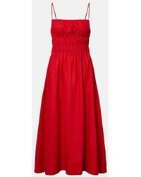 STAUD - Ayla Shirred Linen Midi Dress - Lyst