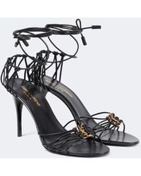 Saint Laurent - Leather Stiletto Sandals With Bronze Ysl Logo - Lyst