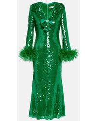 Self-Portrait - Feather-trimmed Sequined Midi Dress - Lyst