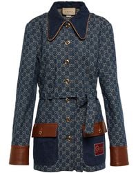 Gucci + Net Sustain Leather-trimmed Organic Denim-jacquard Jacket - Blue