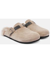 Brunello Cucinelli - Beaded Shearling-lined Suede Clogs - Lyst
