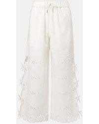 Self-Portrait - Embroidered Linen And Cotton Wide-Leg Pants - Lyst