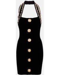 Balmain - Faux Pearl-Embellished Velvet Minidress - Lyst