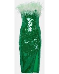 Self-Portrait - Feather-Trimmed Sequined Midi Dress - Lyst