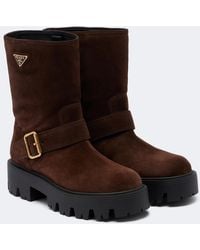 Prada - Logo Suede Biker Boots - Lyst
