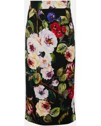 Dolce & Gabbana - Charmeuse Calf-Length Skirt With Rose Garden - Lyst