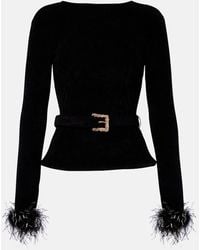 Self-Portrait - Belted Feather-Trimmed Knitted Sweater - Lyst