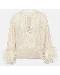 Valentino - Vgold Feather-trimmed Lame Sweater - Lyst