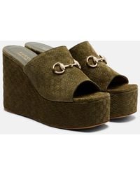 Gucci - Horsebit Gg Suede Wedge Mules - Lyst