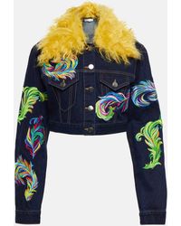 Area - Mohair-trimmed Cropped Denim Jacket - Lyst