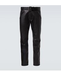 Saint Laurent - Pantalones Rectos De Piel Con Cinturon - Lyst
