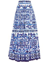Dolce & Gabbana Pleated Printed Cotton Midi Skirt - Blue