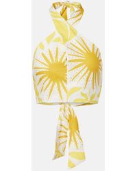 Cala De La Cruz - Ivy Printed Halterneck Linen Crop Top - Lyst
