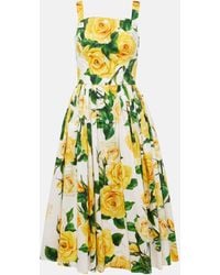 Dolce & Gabbana - Pleated Button-embellished Floral-print Cotton-poplin Midi Dress - Lyst