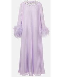 Self-Portrait - Feather-Trimmed Plisse Chiffon Maxi Dress - Lyst