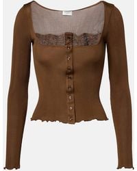 Saint Laurent - Top Acanalado De Jersey De Seda Con Encaje - Lyst