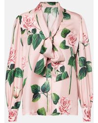 Dolce & Gabbana - Floral Tie-Neck Silk Satin Blouse - Lyst