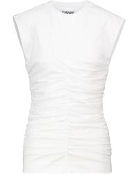 Ganni Gathered Cotton Jersey Top - White
