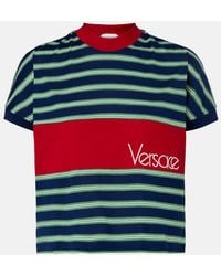 Versace - Camiseta De Algodon A Rayas Bordada Con Logo - Lyst