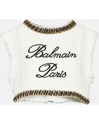 Balmain - Logo Chain-detail Tweed Crop Top - Lyst
