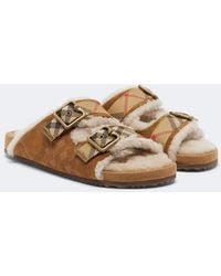 Burberry - Check Shearling-Lined Suede Sandals - Lyst