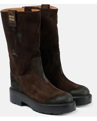 Miu Miu - Logo Suede Ankle Boots - Lyst