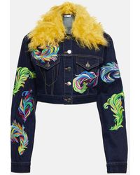 Area - Mohair-Trimmed Cropped Denim Jacket - Lyst