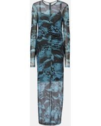 Ganni - Printed Ruched Mesh Maxi Dress - Lyst