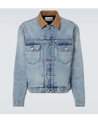 FRAME - Distressed Suede-Trimmed Denim Jacket - Lyst
