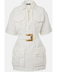 Balmain - Belted Lace-Up Cotton-Canvas Mini Dress - Lyst
