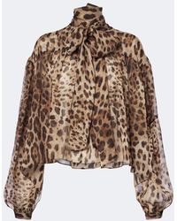 Dolce & Gabbana - Leopard-Print Tie-Neck Silk Blouse - Lyst