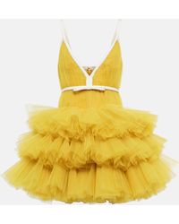 Giambattista Valli V-neck Ruffled Tulle Minidress - Yellow