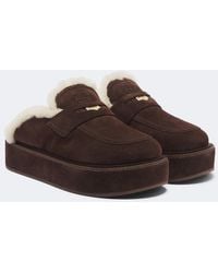 Miu Miu - Shearling-Lined Suede Platform Mules - Lyst