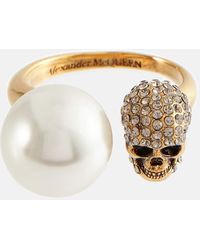 Alexander McQueen - Anello Skull Effetto Perla In Oro Anticato - Lyst