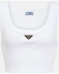 Prada Top cropped in jersey di cotone con logo - Bianco