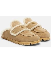 Prada - Shearling-Lined Suede Mules - Lyst