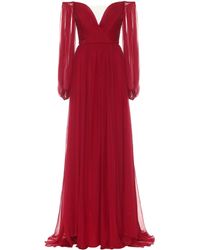 Monique Lhuillier Robe longue à encolure bardot en soie - Rouge