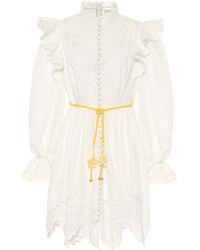 Zimmermann Carnaby Minikleid Aus Leinen Mit Lochstickerei, Rüschen Und Gürtel - Weiß