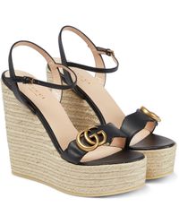 Gucci Double GG Leather Espadrille Wedge Sandals - Black